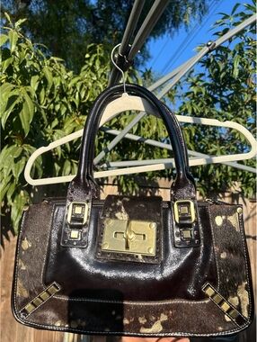 Charlie Lapson Black & Gold Cowhide Hair on Hide Glossy Patent Leather purse